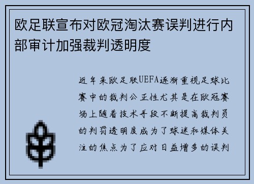 欧足联宣布对欧冠淘汰赛误判进行内部审计加强裁判透明度 欧足联宣布对欧冠淘汰赛误判进行内部审计加强裁判透明度